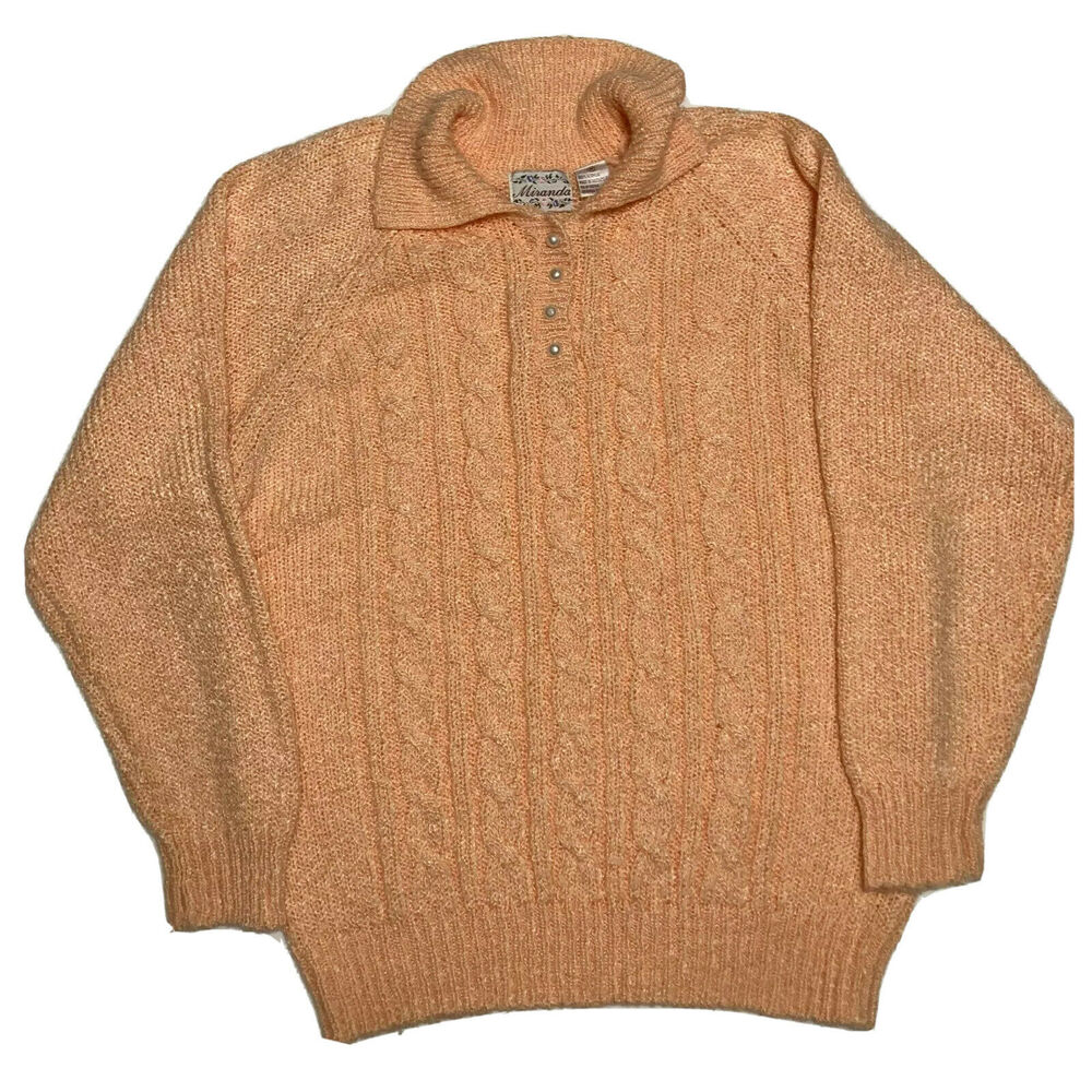 Miranda Pullover Sweater Medium Womens Peach Knit Collared Pearls Top Buttons